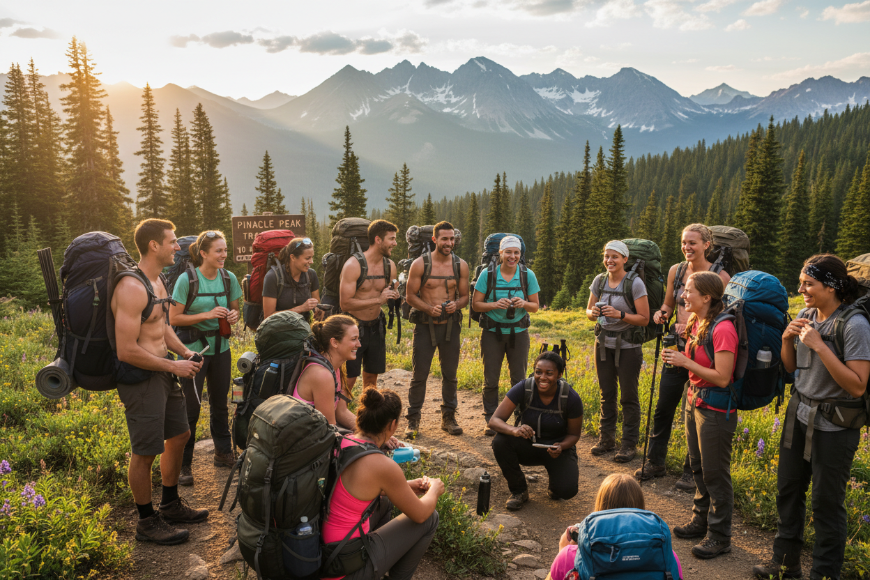 group of people ganterthing at a trailhead to go hiking and some men are shirtless and all are interatcing